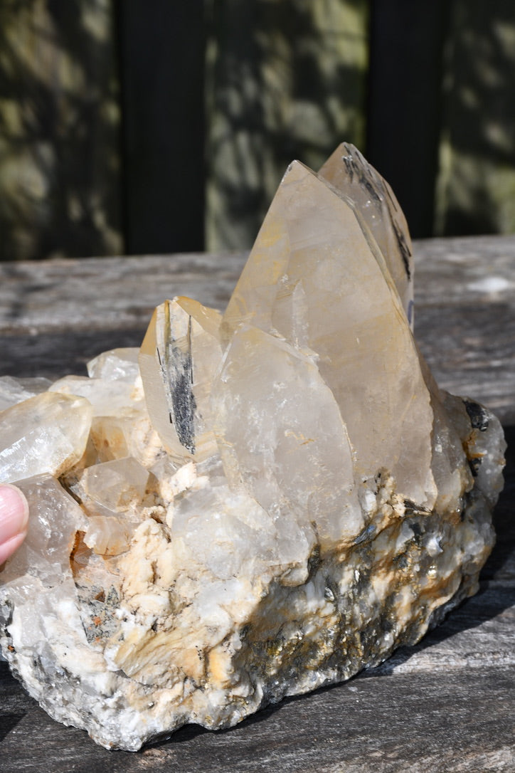 Himalayan quartz cluster with black tourmaline and mica