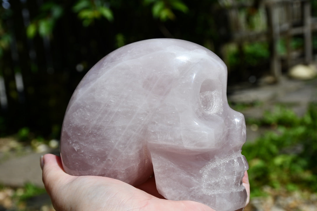 Rose quartz Madagascan sty;e skull carve