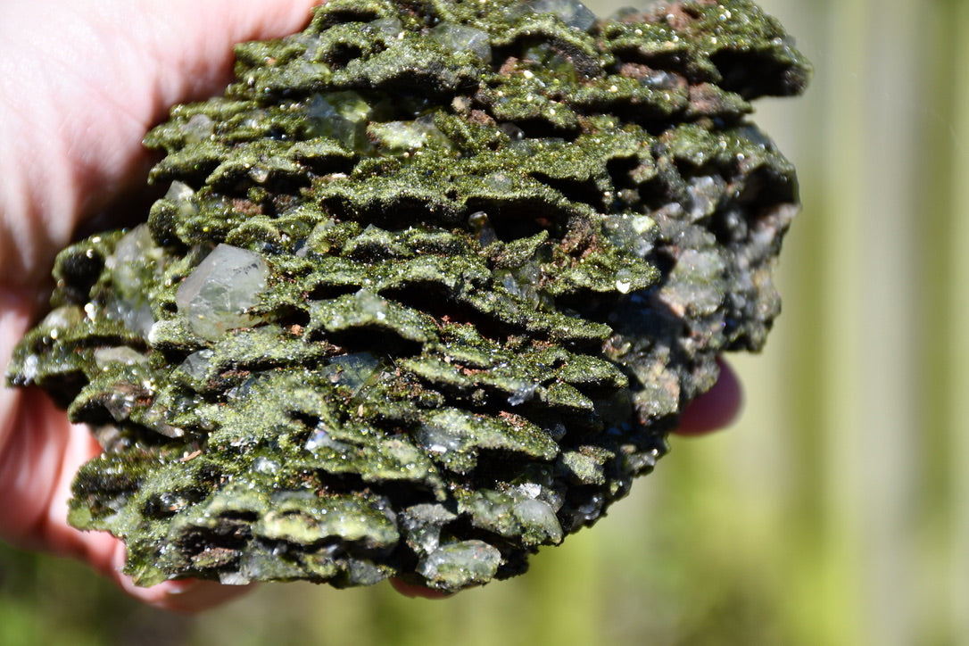 "fairy forest" epidote on quartz cluster