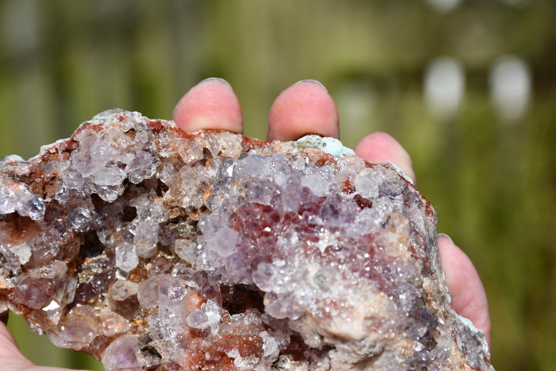 Pink amethyst cluster with display stand