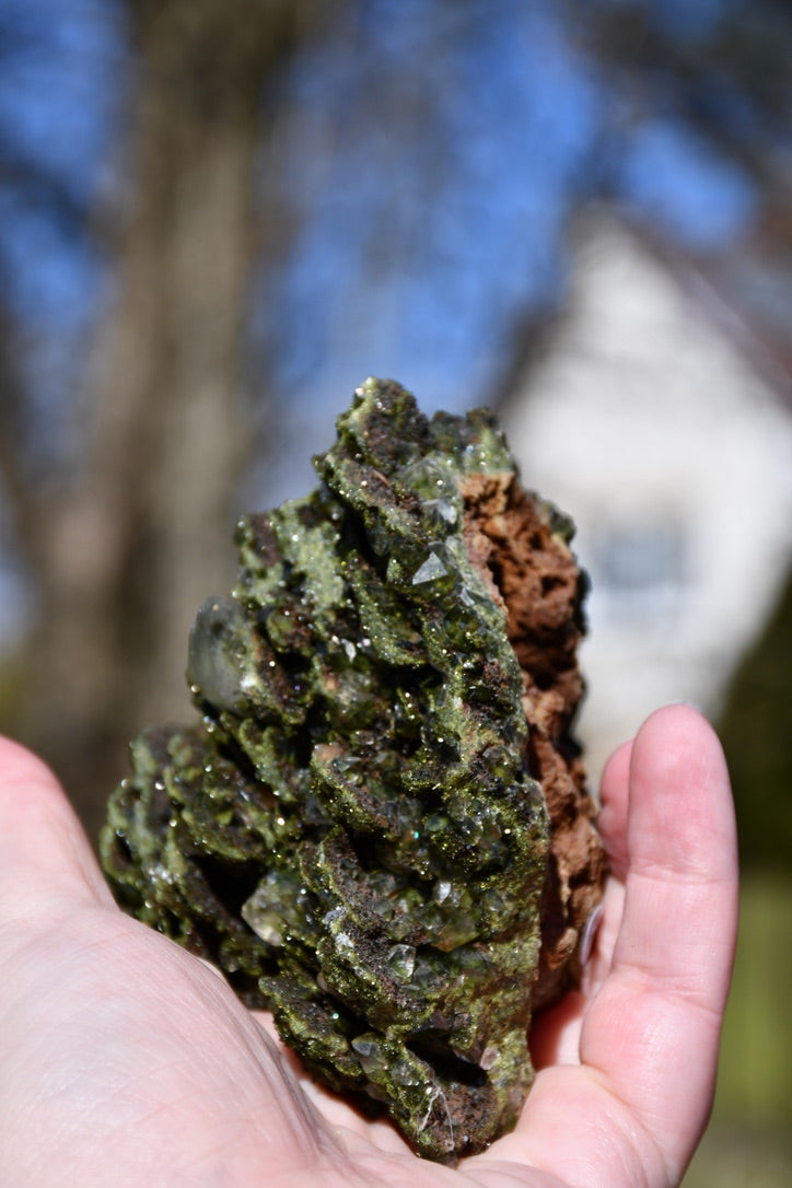 "fairy forest" epidote on quartz cluster