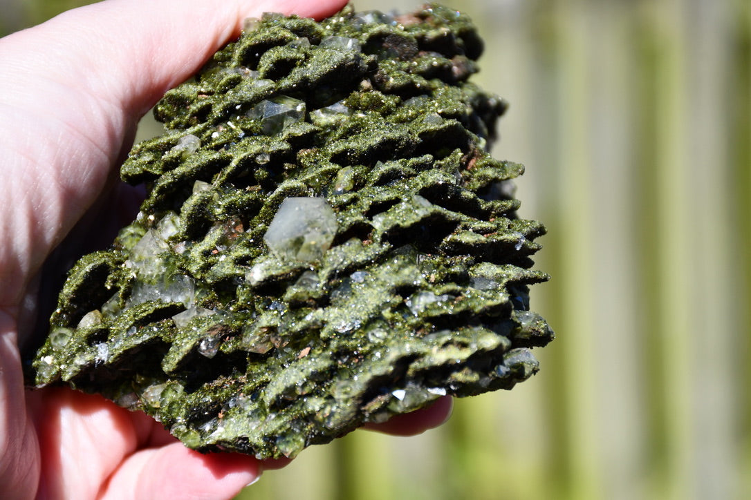 "fairy forest" epidote on quartz cluster