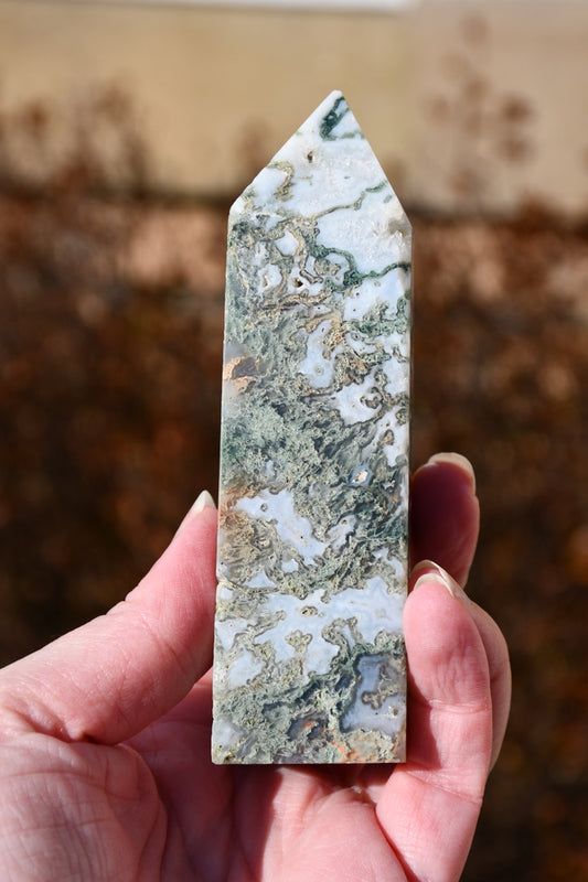 Moss agate obelisk