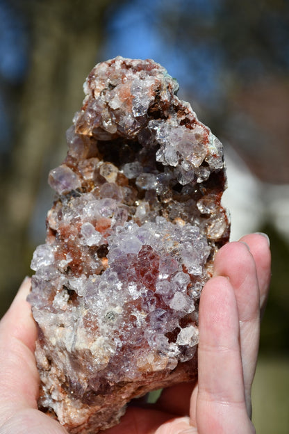 Pink amethyst cluster with display stand