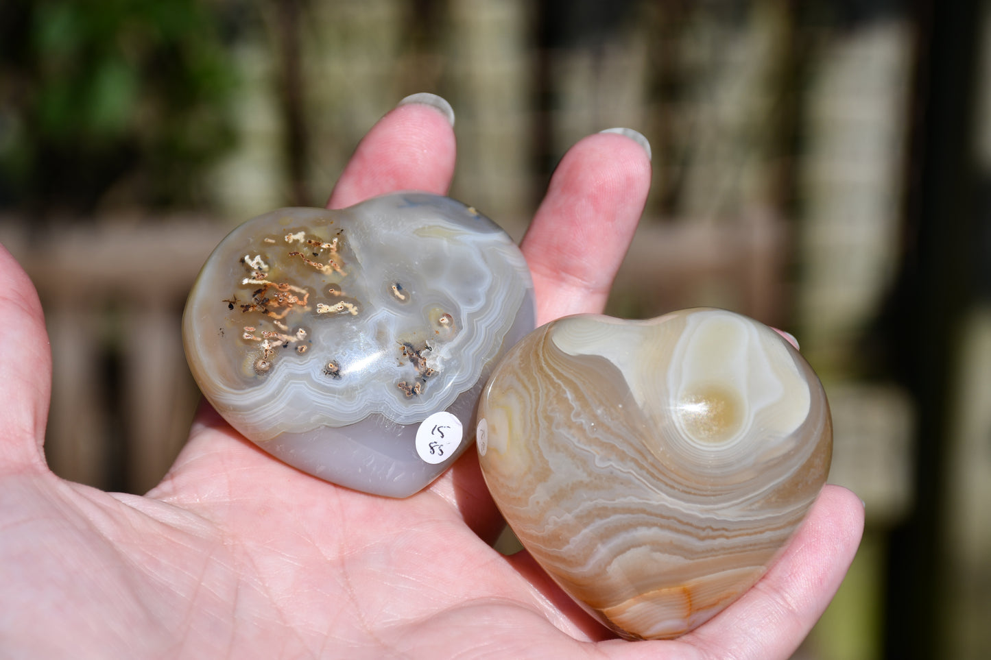 Pair of (flower) agate puffy hearts