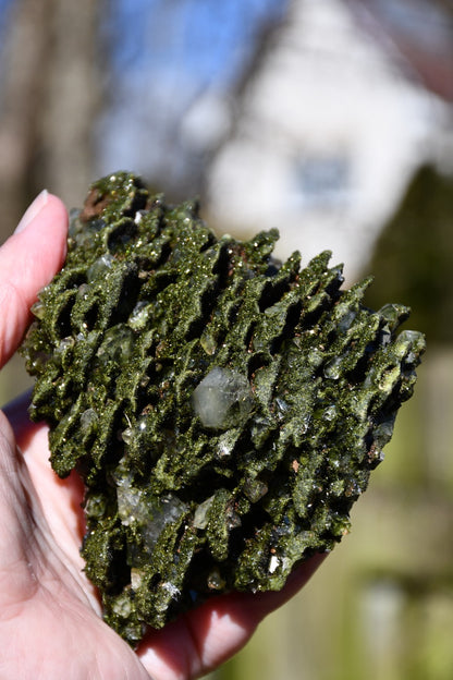 "fairy forest" epidote on quartz cluster