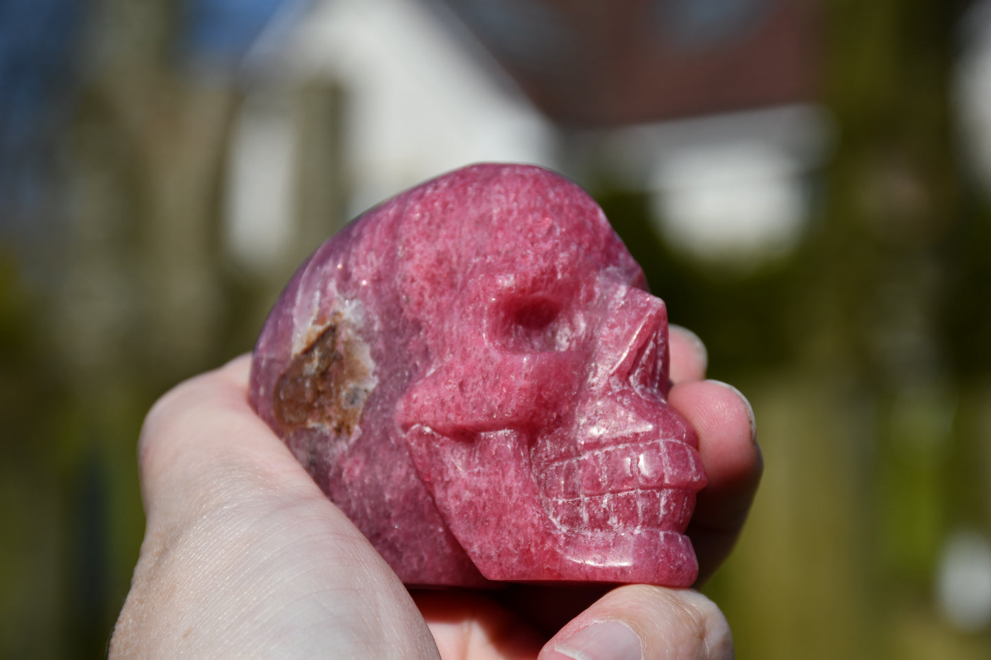 Rhodonite in quartz skull