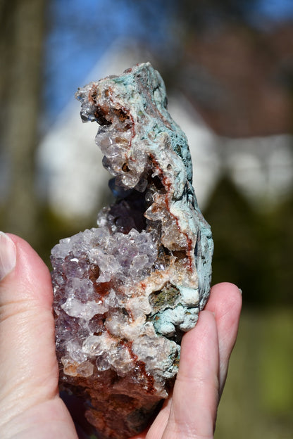 Pink amethyst cluster with display stand