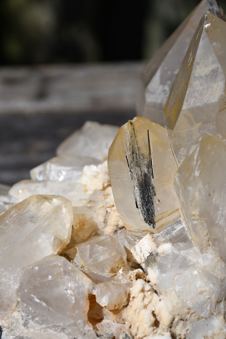 Himalayan quartz cluster with black tourmaline and mica