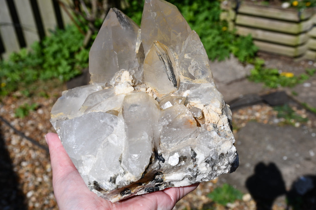 Himalayan quartz cluster with black tourmaline and mica