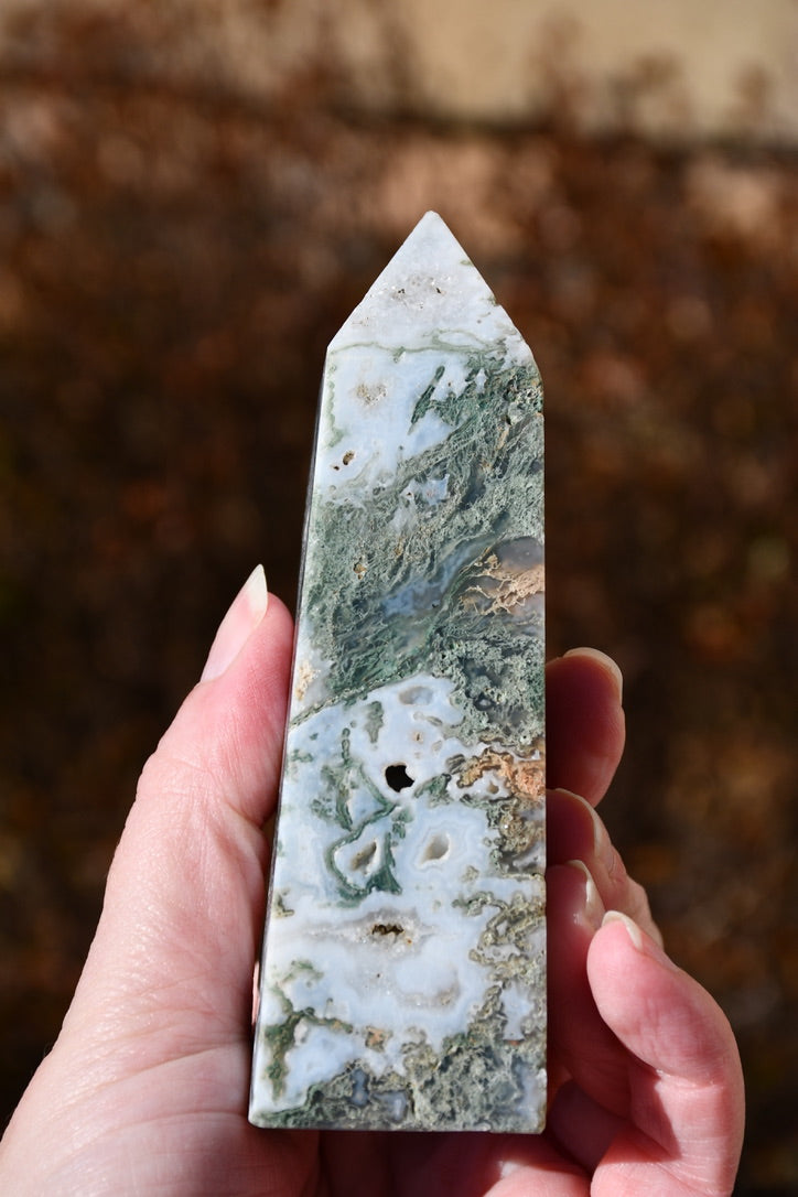 Moss agate obelisk