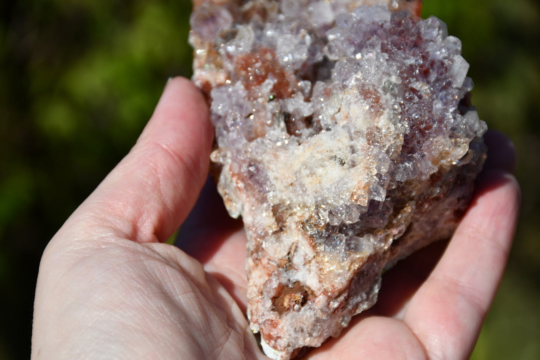 Pink amethyst cluster with display stand