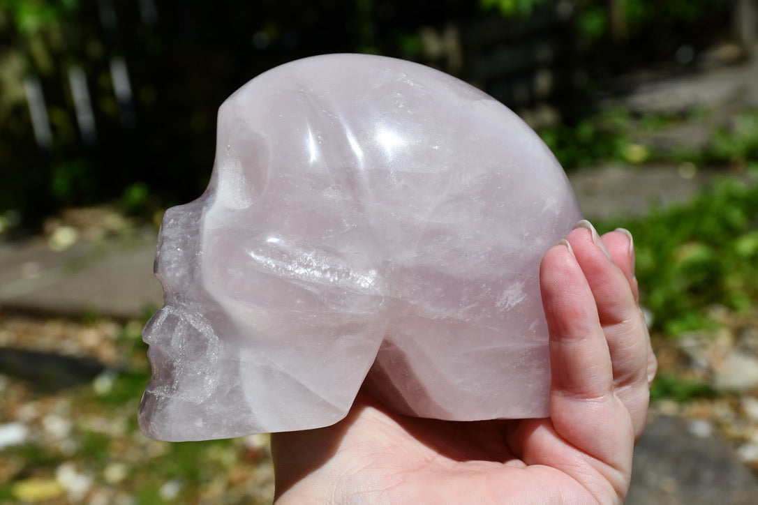 Rose quartz Madagascan sty;e skull carve