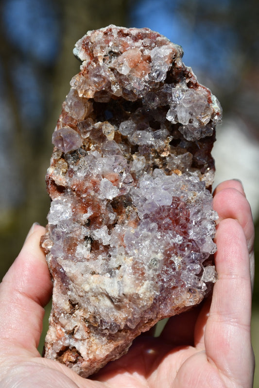 Pink amethyst cluster with display stand