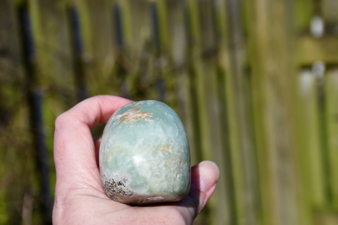 Namibian prehnite traveller skull - Manus carve