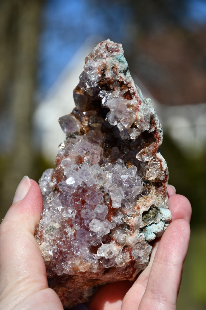 Pink amethyst cluster with display stand