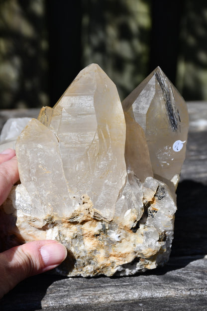 Himalayan quartz cluster with black tourmaline and mica