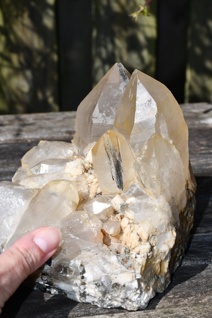 Himalayan quartz cluster with black tourmaline and mica