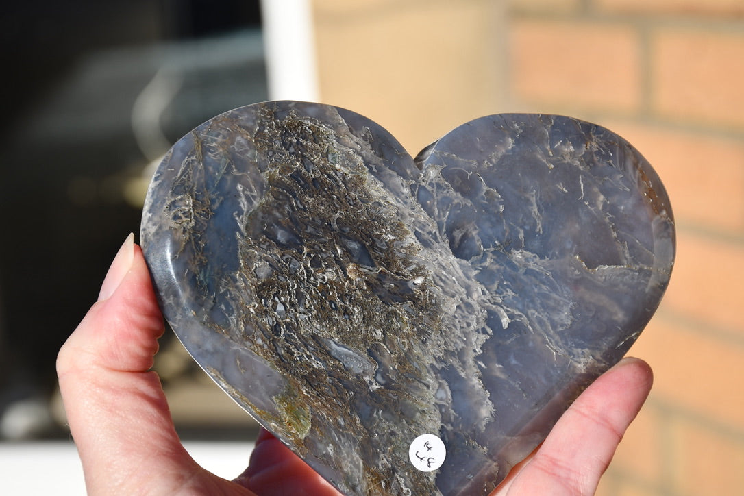 Moss agate/grey agate heart