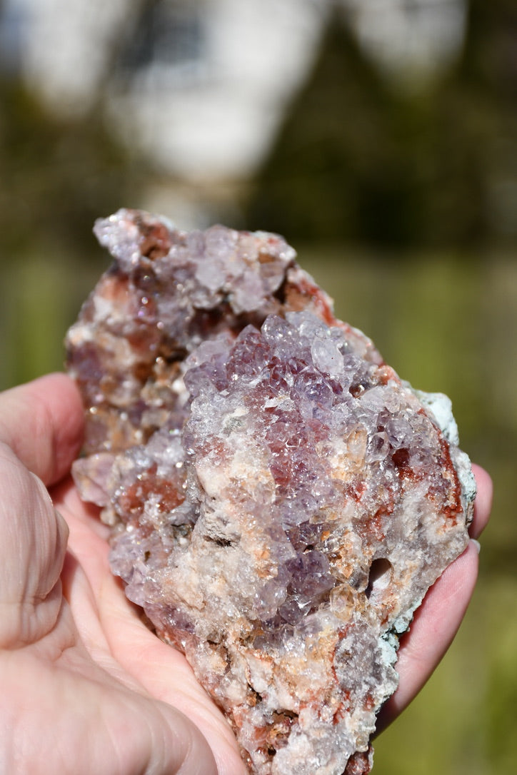 Pink amethyst cluster with display stand