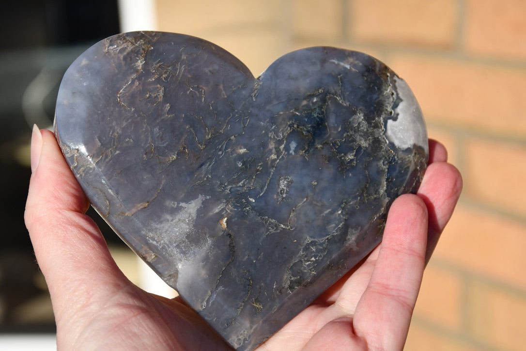 Moss agate/grey agate heart