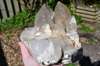 Himalayan quartz cluster with black tourmaline and mica