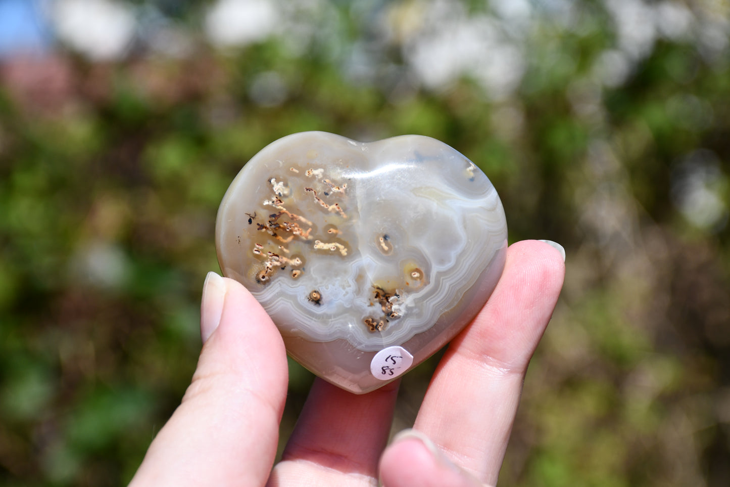 Pair of (flower) agate puffy hearts