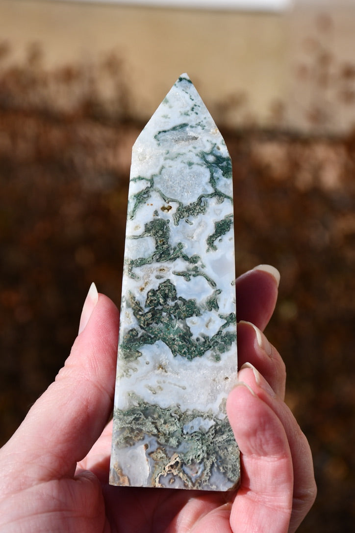 Moss agate obelisk