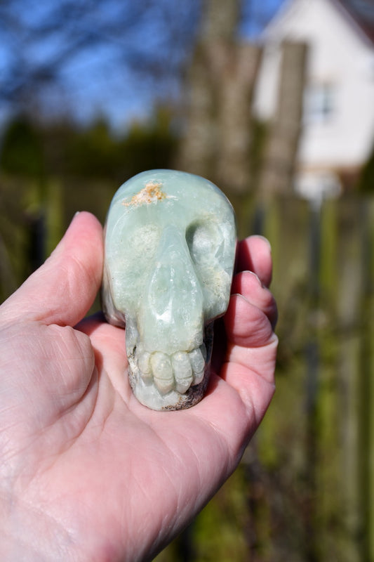 Namibian prehnite traveller skull - Manus carve