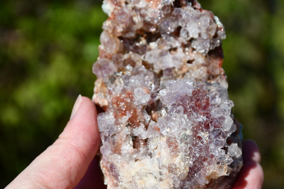 Pink amethyst cluster with display stand